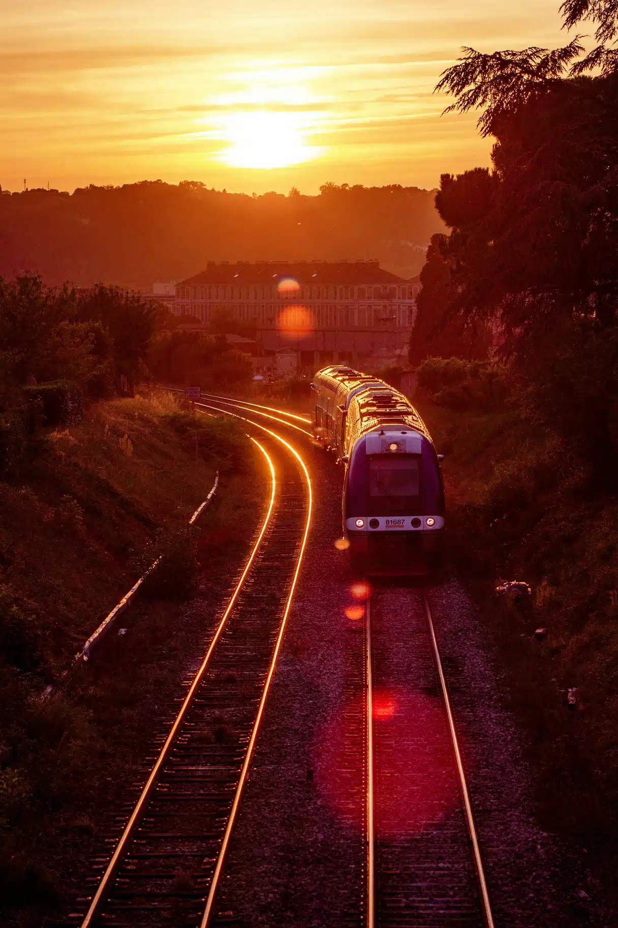 A TER regional train on a platform at sunset