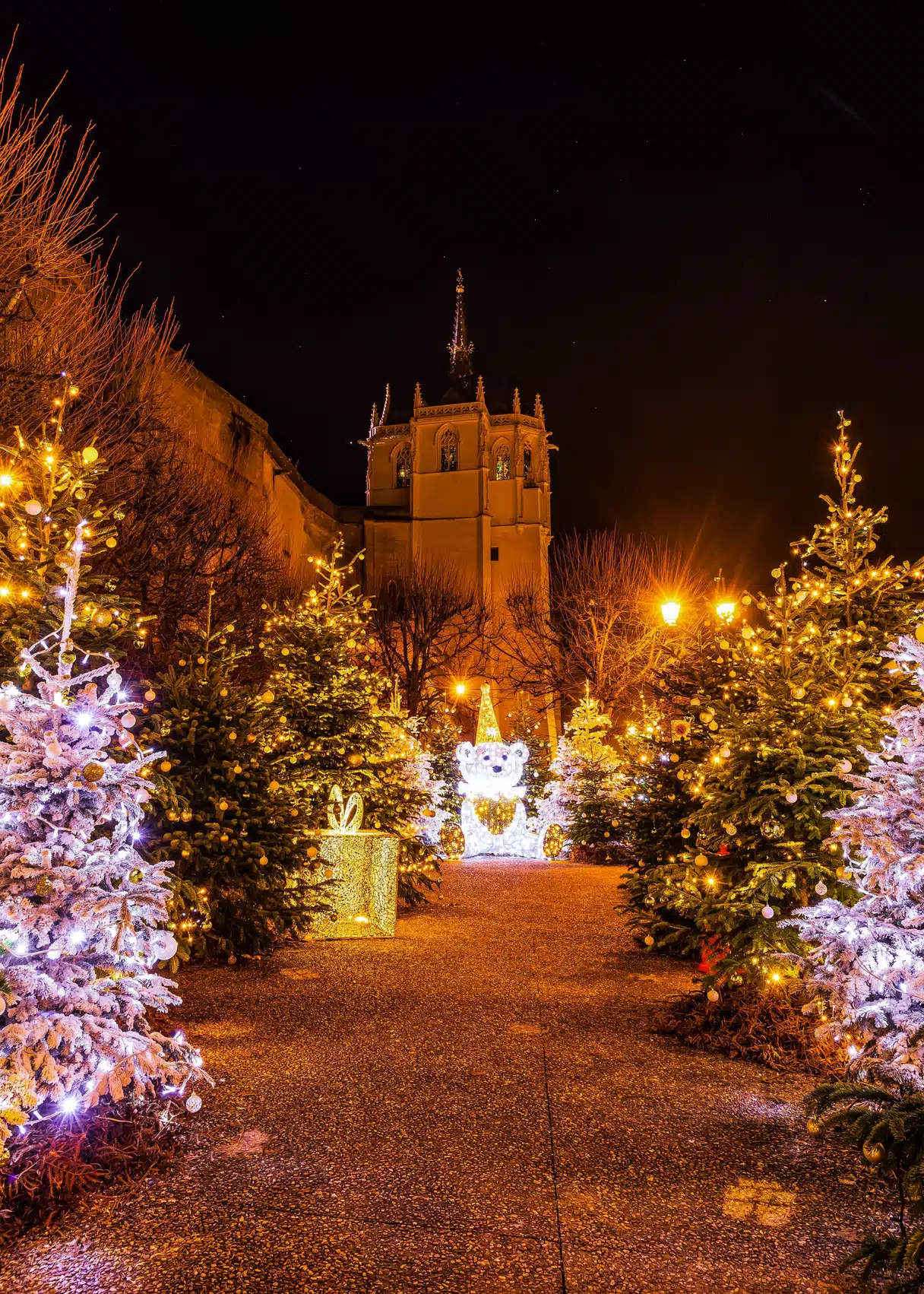 Gece, ışıklı Noel ağaçları ve parlayan ışıklı bir ayı figürüyle çevrili, Amboise Şatosu’nun Gotik şapeline giden yol
