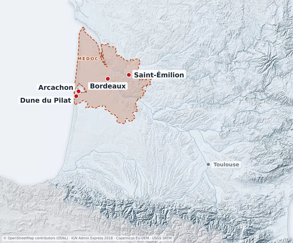 法国西南部地图:波尔多所在的吉伦特省(Gironde)高亮显示,北边是梅多克,东边是圣埃美隆,大西洋沿岸是阿卡雄和皮拉沙丘