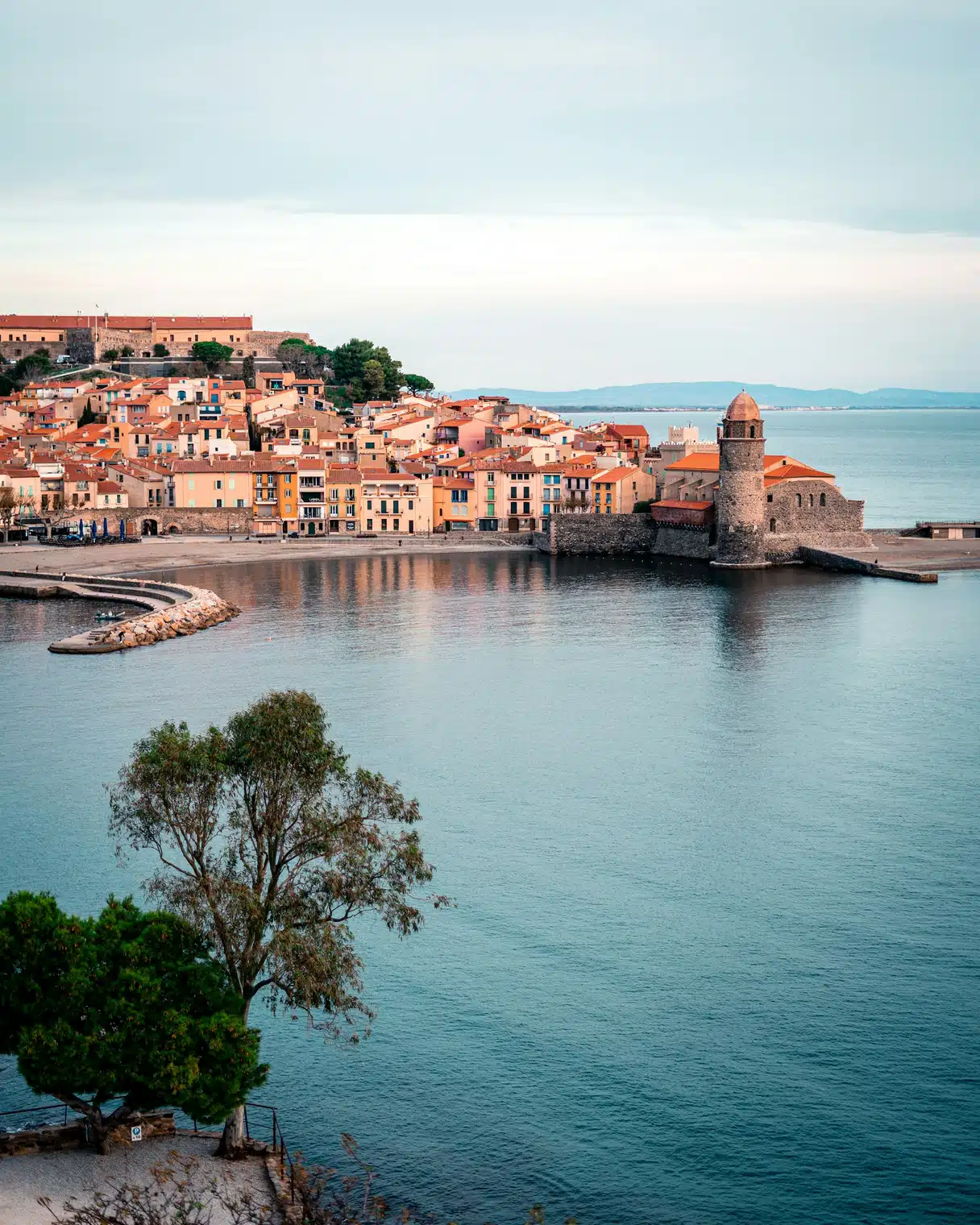 Collioure harbor and Notre-Dame-des-Anges church beside the Mediterranean
