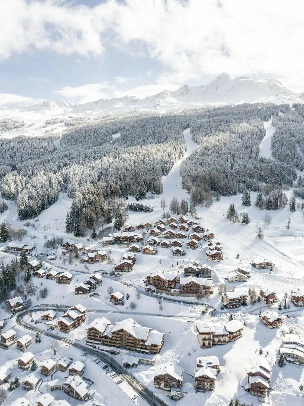 Snow-covered slopes and chalets in Courchevel in the French Alps