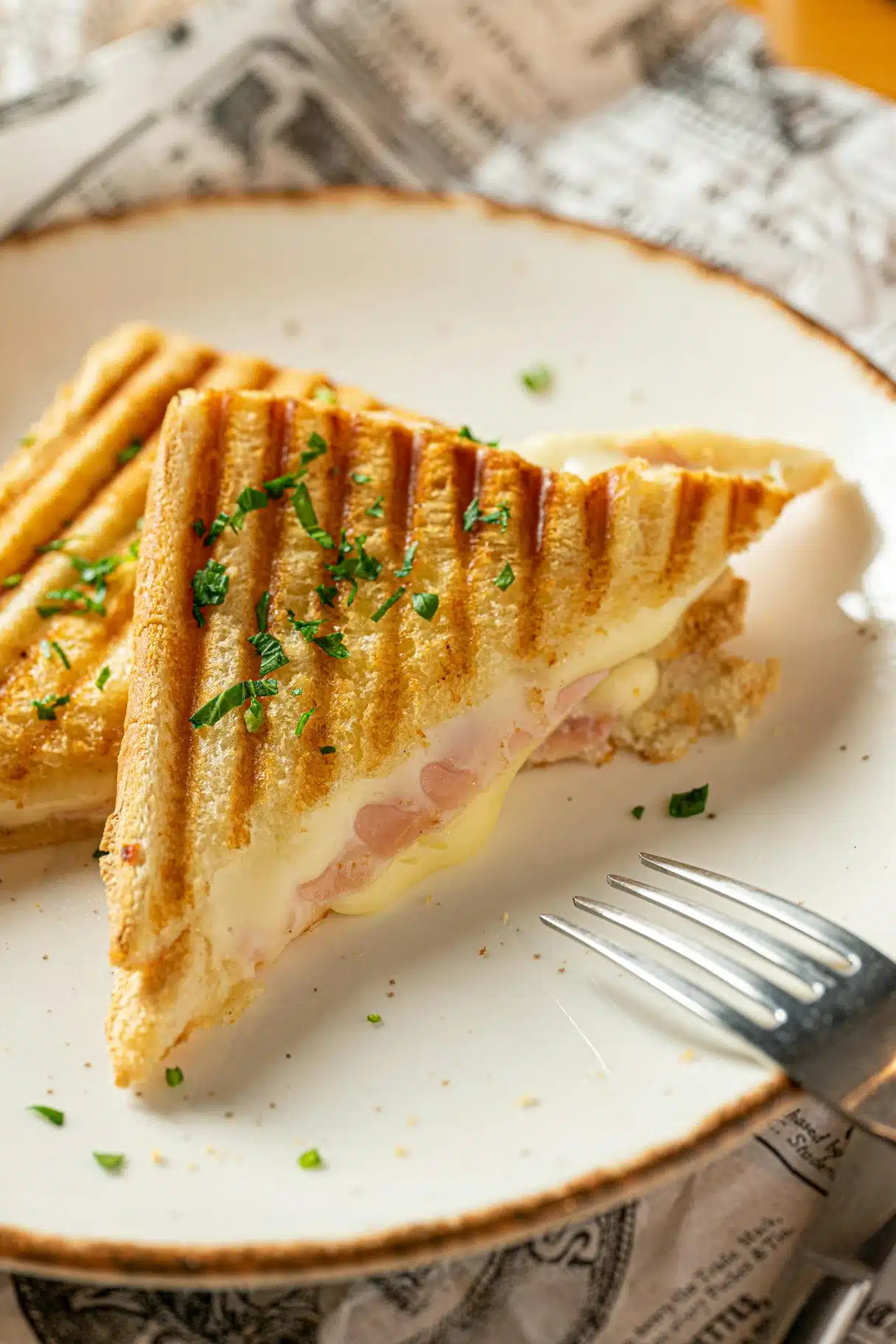 Paris croque-monsieur: ekmek, jambon, peynir, bazen beşamel; fırında üzeri kızarmış (brasserie klasiği)