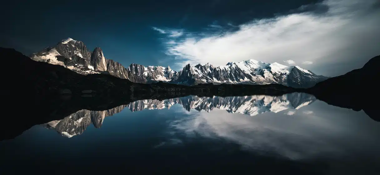 勃朗峰倒映在阿尔卑斯山的湖水中,夏日晴空