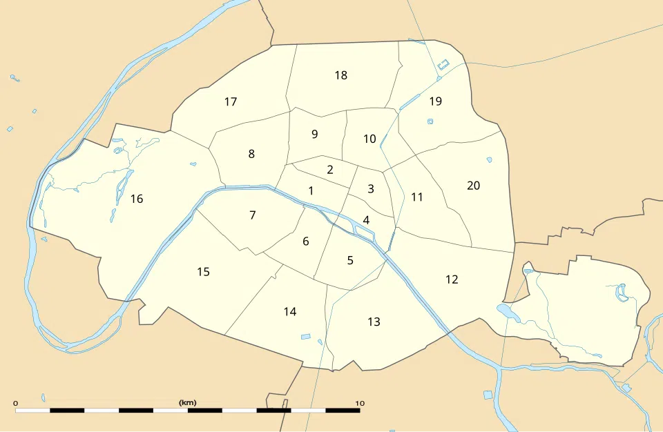 Carte des arrondissements de Paris numérotés de 1 à 20