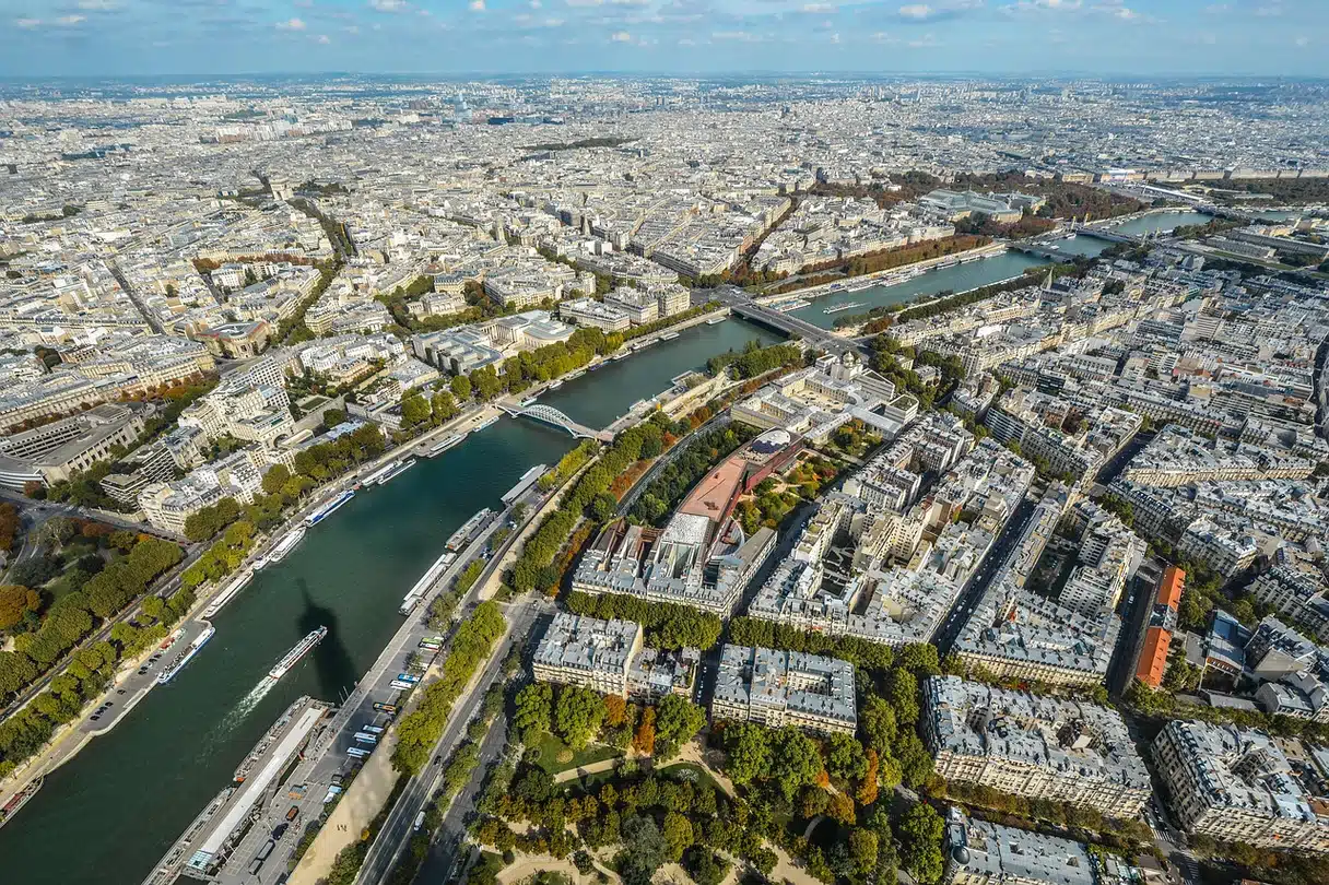 Aerial view of Paris and the Seine over the rooftops