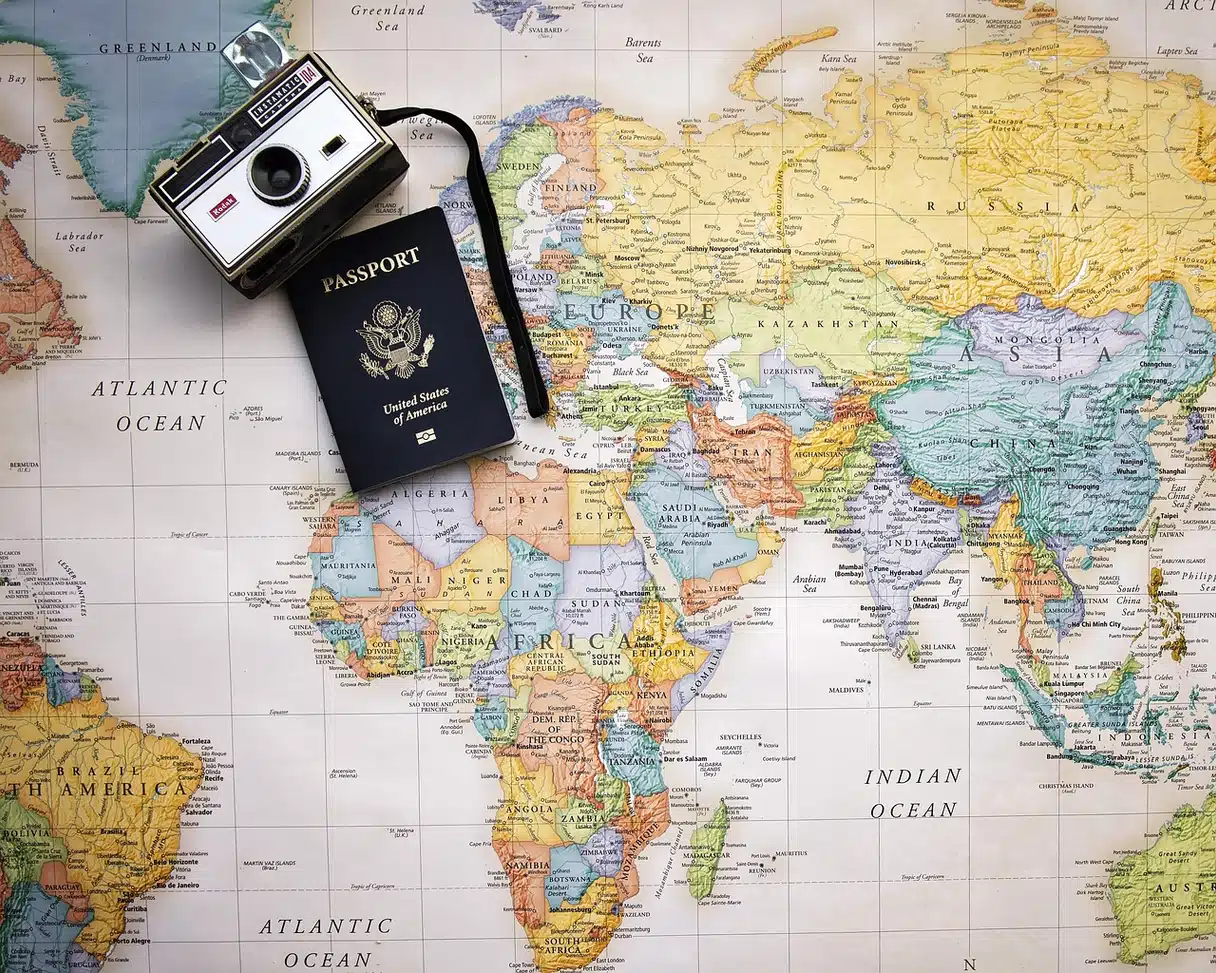 A passport and travel documents prepared for an international trip