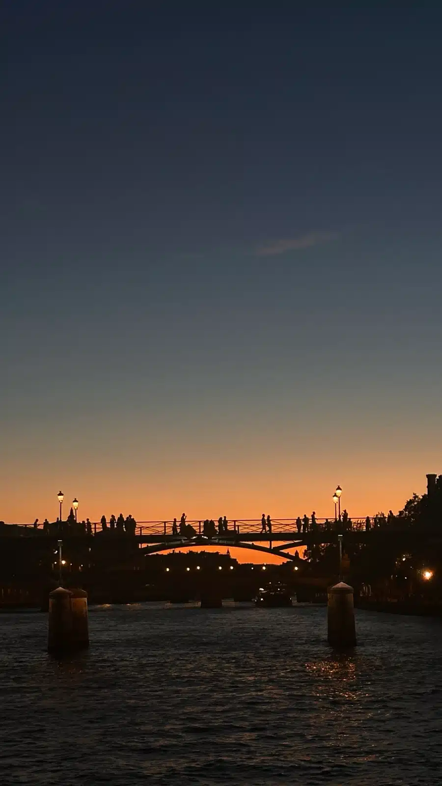Croisière au coucher du soleil, vue sur le Pont des Arts depuis la Seine