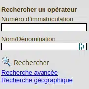 Atout France sicilindeki “Rechercher un opérateur” formu: Numéro d’immatriculation (kayıt numarası) ve Nom/Dénomination (şirket adı) alanları