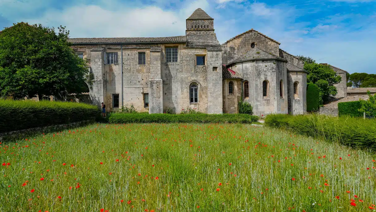 Red poppies in a green meadow in front of the stone bell tower and apse of Saint-Paul-de-Mausole in Saint-Rémy-de-Provence