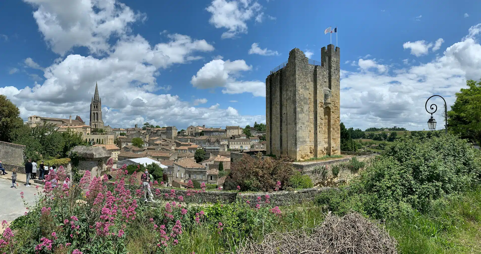 The village of Saint-Émilion, its King’s Tower and its bell tower seen from above