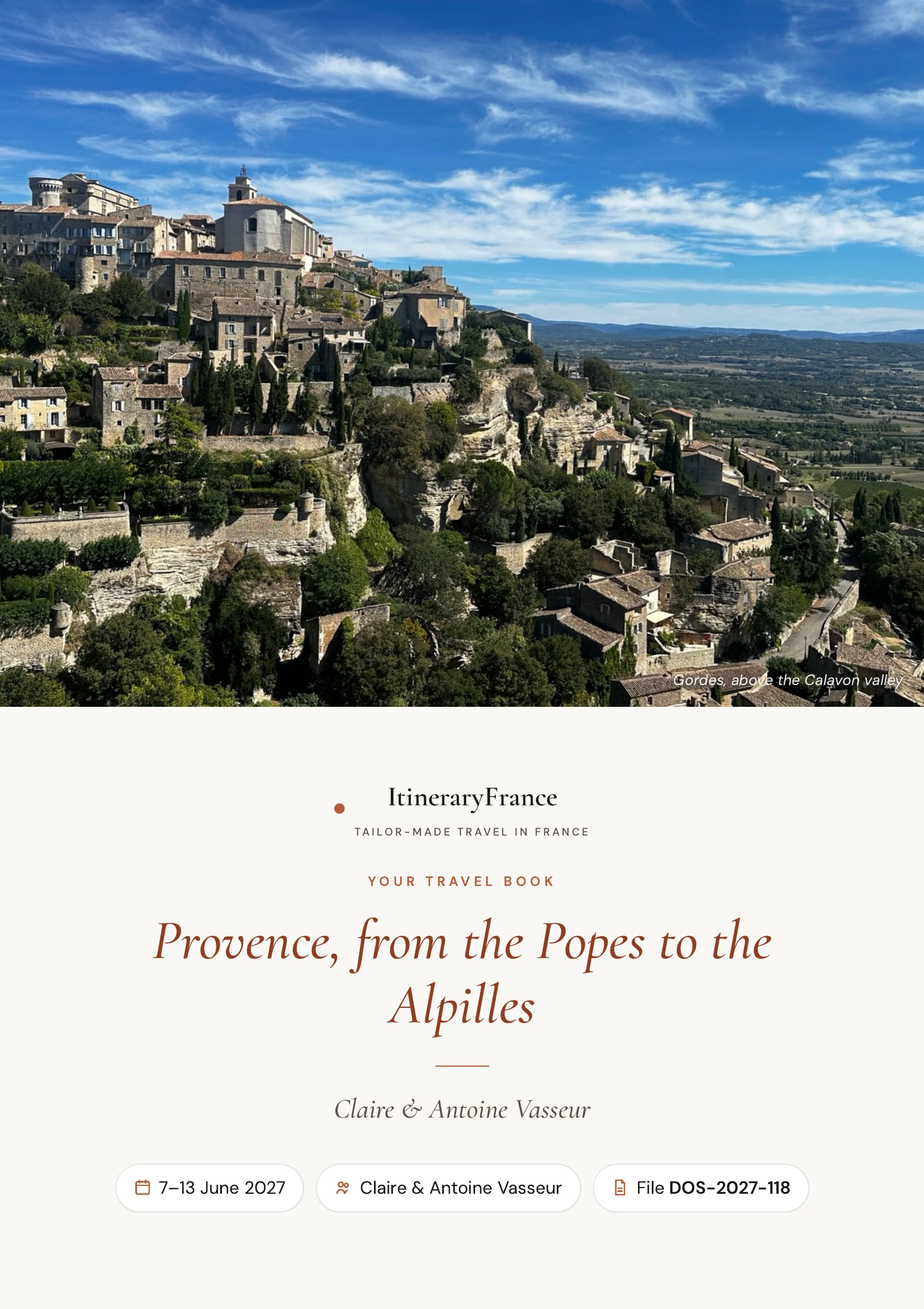 Booklet cover: a photograph of the village of Gordes, the trip title, the travellers' names and the dates