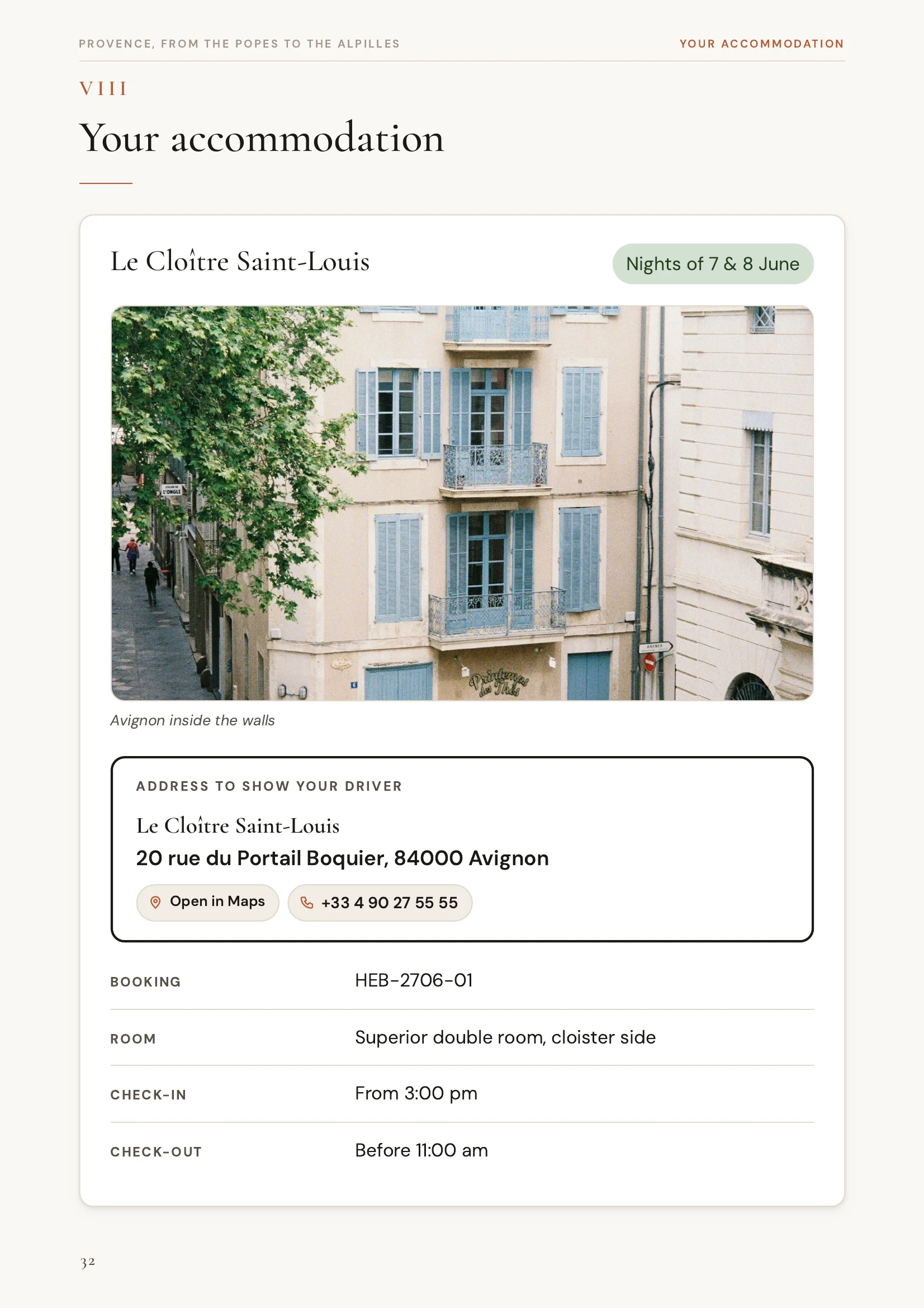 The accommodation page from the booklet: a photograph of the hotel and the nights booked, the address to show your driver with its phone number, then the booking reference, the room type and the check-in and check-out times